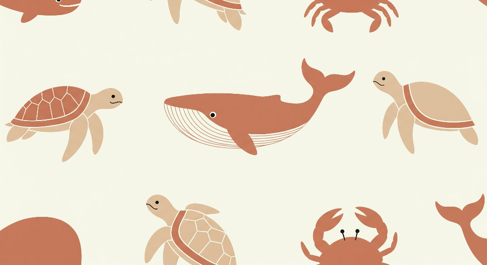 Kids-Mundo flat artwork of the repeating turtle, crab and whale pattern in terracotta tones.