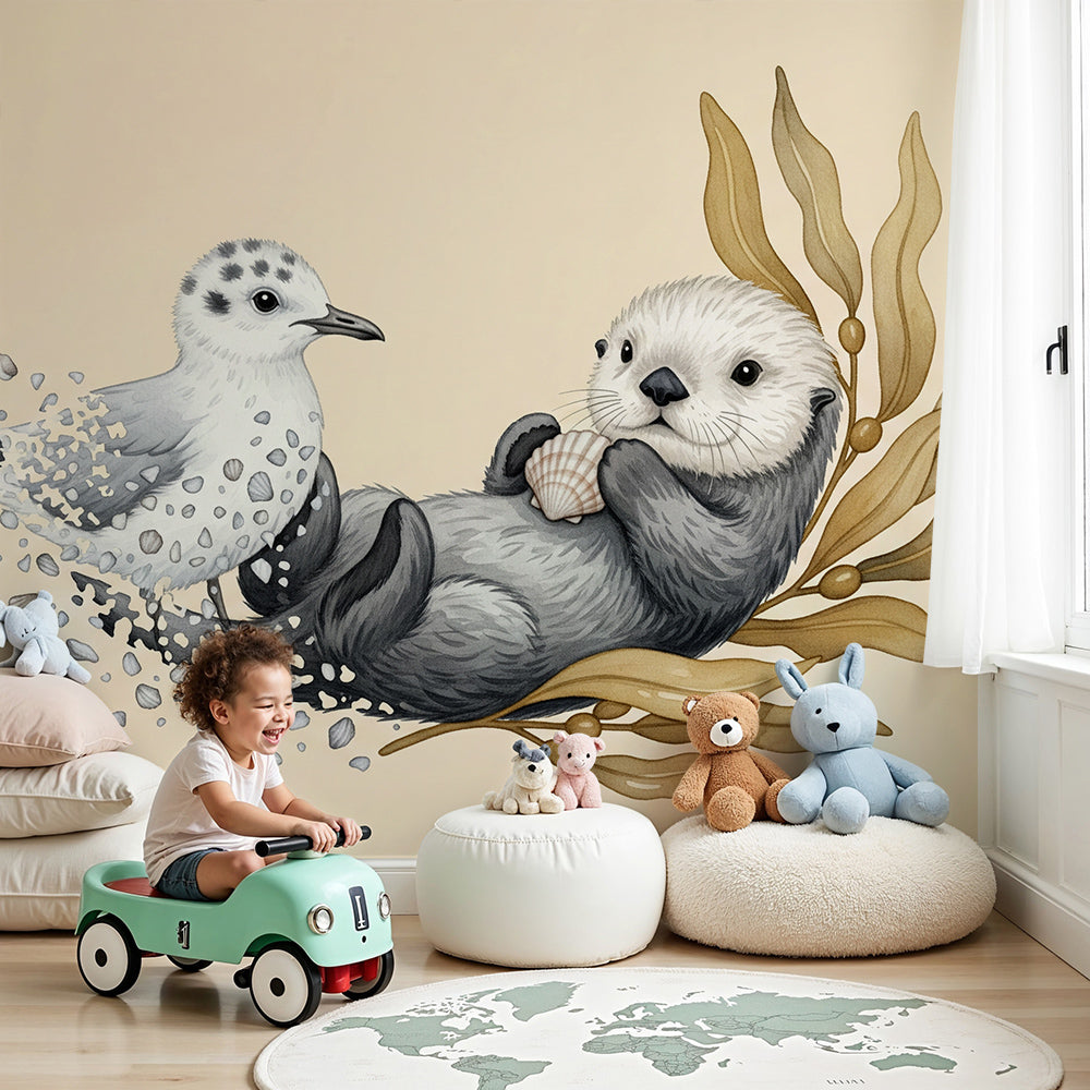 Kids-Mundo sea otter and bird wall mural shown in a soft, calm baby nursery.