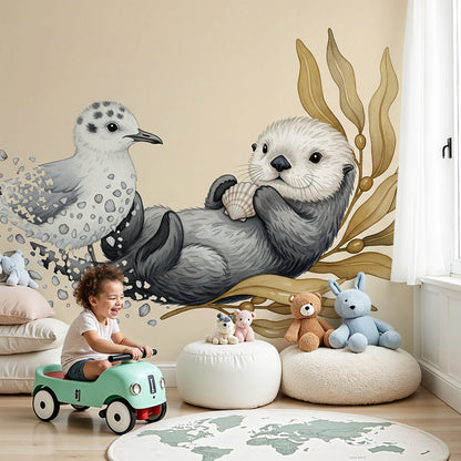 Kids-Mundo sea otter and bird wall mural shown in a soft, calm baby nursery.