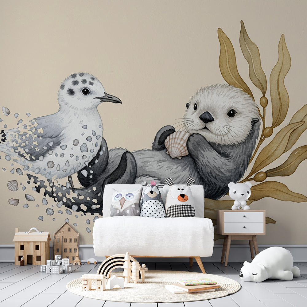 Kids-Mundo gentle sea otter wall mural styled in a warm children's playroom.