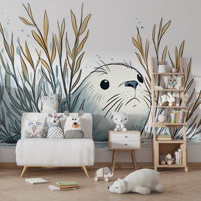 Ocean themed kids bedroom featuring curious sea otter wallpaper with seaweed design