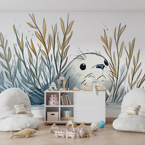Marine animal wallpaper creating underwater adventure theme in modern toddler room