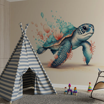 Kids-Mundo sea turtle mural installed in a children's bedroom, made-to-measure ocean wallpaper.