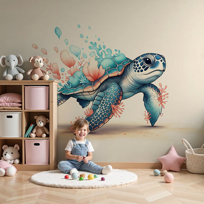 Kids-Mundo sea turtle wall mural in a calm nursery, made-to-measure coral wallpaper behind a cot.