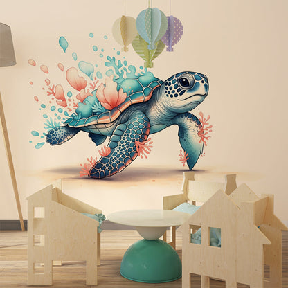 Kids-Mundo sea turtle mural covering a playroom wall, made-to-measure coral reef wallpaper design.