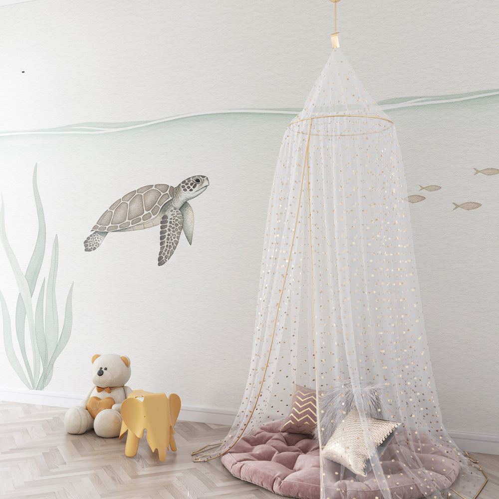Ocean themed nursery with sea turtle wallpaper and soft marine colors by Kids-Mundo