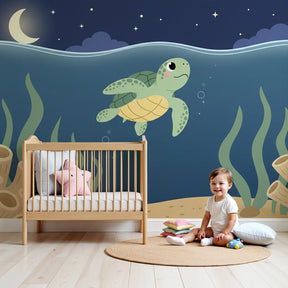 Sea turtle mural wallpaper creating peaceful underwater theme in modern baby nursery by Kids-Mundo