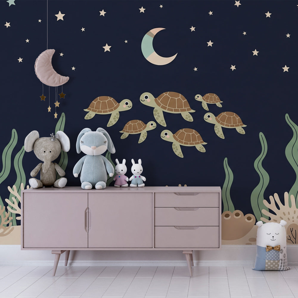 Ocean themed sea turtle wallpaper in modern kids bedroom with calming blue tones by Kids-Mundo