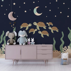 Ocean themed sea turtle wallpaper in modern kids bedroom with calming blue tones by Kids-Mundo