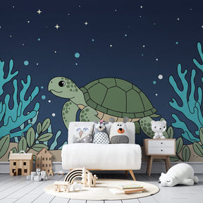 Ocean themed mural wallpaper featuring turtle and coral reef in kids bedroom setting