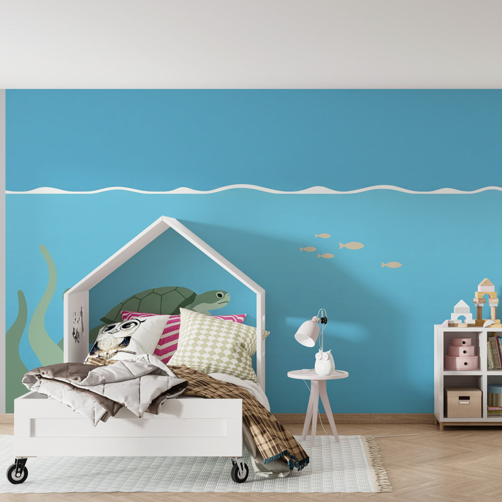 Ocean adventure mural wallpaper with sea turtle in modern kids bedroom setting