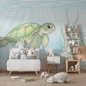 Colorful coral reef turtle wallpaper creating underwater theme in modern kids bedroom