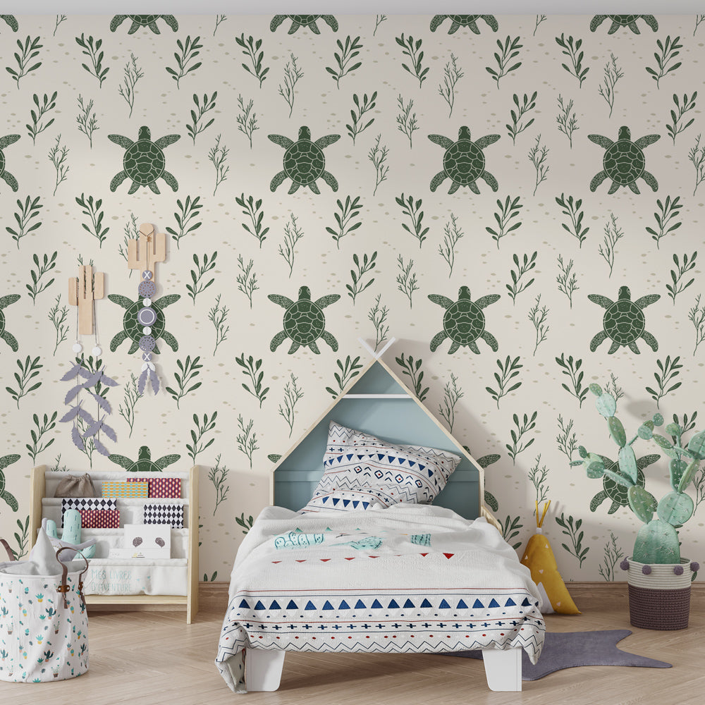 Ocean themed mural wallpaper with sea turtles in modern children's bedroom by Kids-Mundo