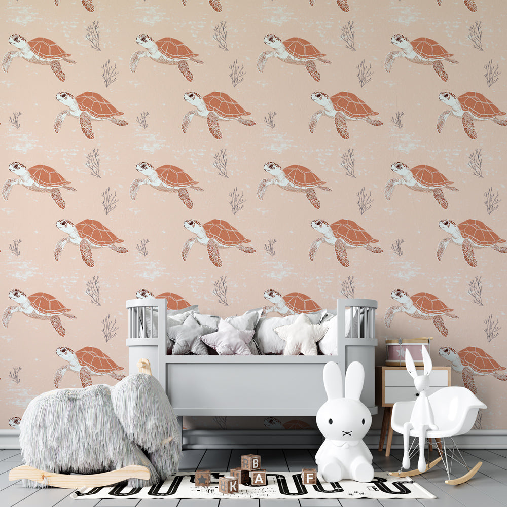 Ocean themed children's bedroom featuring sea turtle wallpaper with soft pastel colors