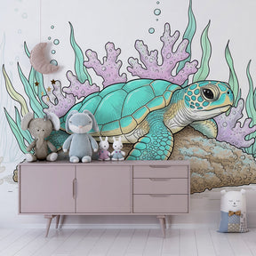 Coral reef sea turtle wallpaper transforming modern kids bedroom into ocean paradise