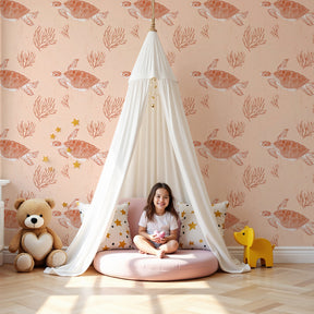 Sea turtle mural wallpaper in coral ocean theme decorating modern kids nursery by Kids-Mundo