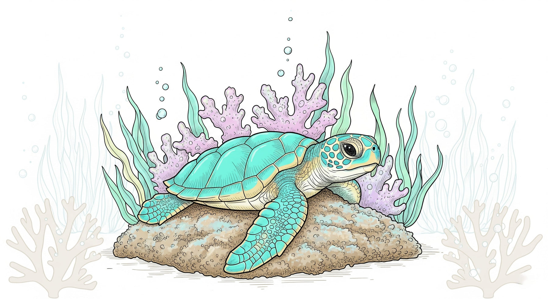 Detailed sea turtle and coral reef mural wallpaper design pattern by Kids-Mundo