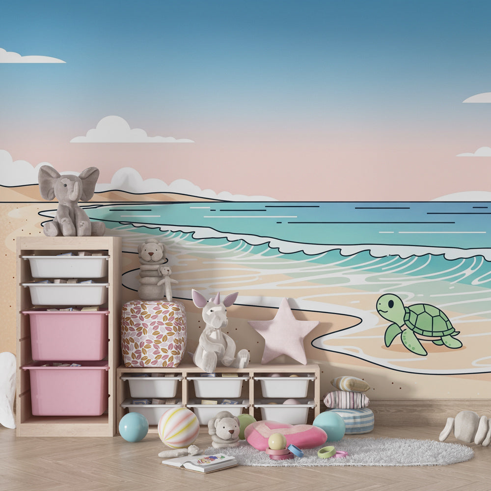 Ocean beach mural wallpaper with sea turtle in modern children's bedroom setting