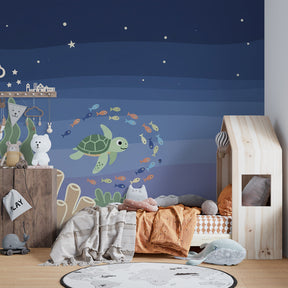 Underwater mural wallpaper featuring gentle sea turtle and colorful fish for children's room by Kids-Mundo