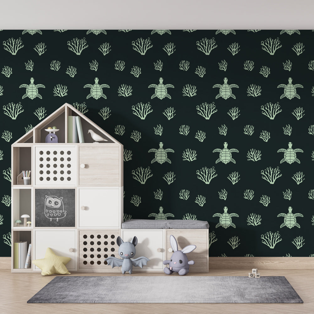 Marine life mural wallpaper featuring sea turtles in children's playroom by Kids-Mundo