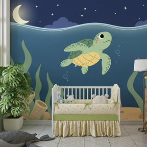 Marine life wallpaper featuring gentle sea turtle in serene underwater scene for kids room