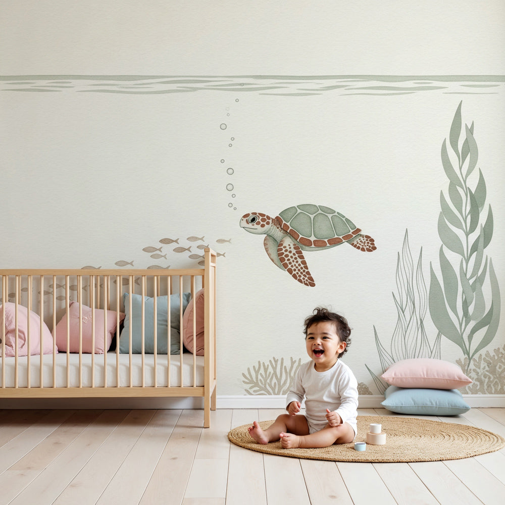 Sea turtle mural wallpaper creating peaceful underwater nursery decor by Kids-Mundo