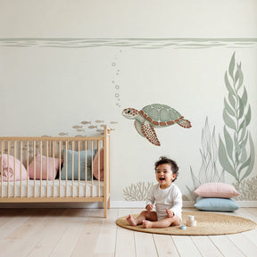 Sea turtle mural wallpaper creating peaceful underwater nursery decor by Kids-Mundo