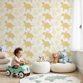 Golden sea turtle mural wallpaper in modern nursery with coral theme decor by Kids-Mundo