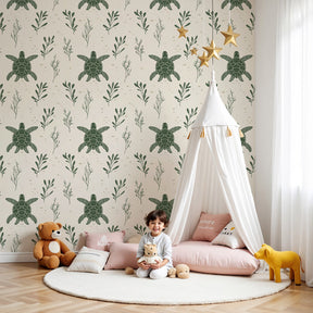 Sea turtle mural wallpaper creating peaceful underwater nursery decor by Kids-Mundo