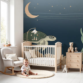 Sea turtle mural wallpaper creating serene underwater nursery decor with starry night theme by Kids-Mundo