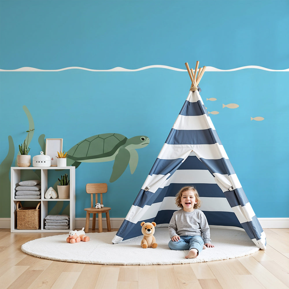 Sea turtle mural wallpaper creating peaceful underwater nursery decor by Kids-Mundo