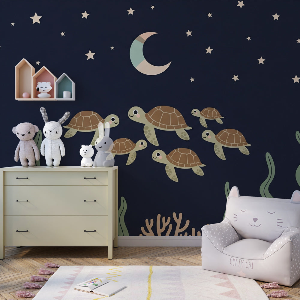 Marine turtle mural wallpaper transforming children's playroom into underwater adventure space