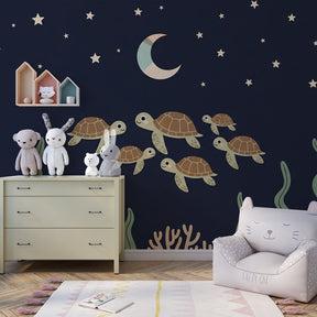 Marine turtle mural wallpaper transforming children's playroom into underwater adventure space