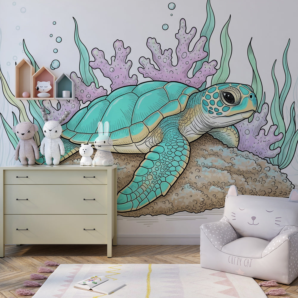 Ocean-themed sea turtle mural wallpaper for educational children's playroom by Kids-Mundo