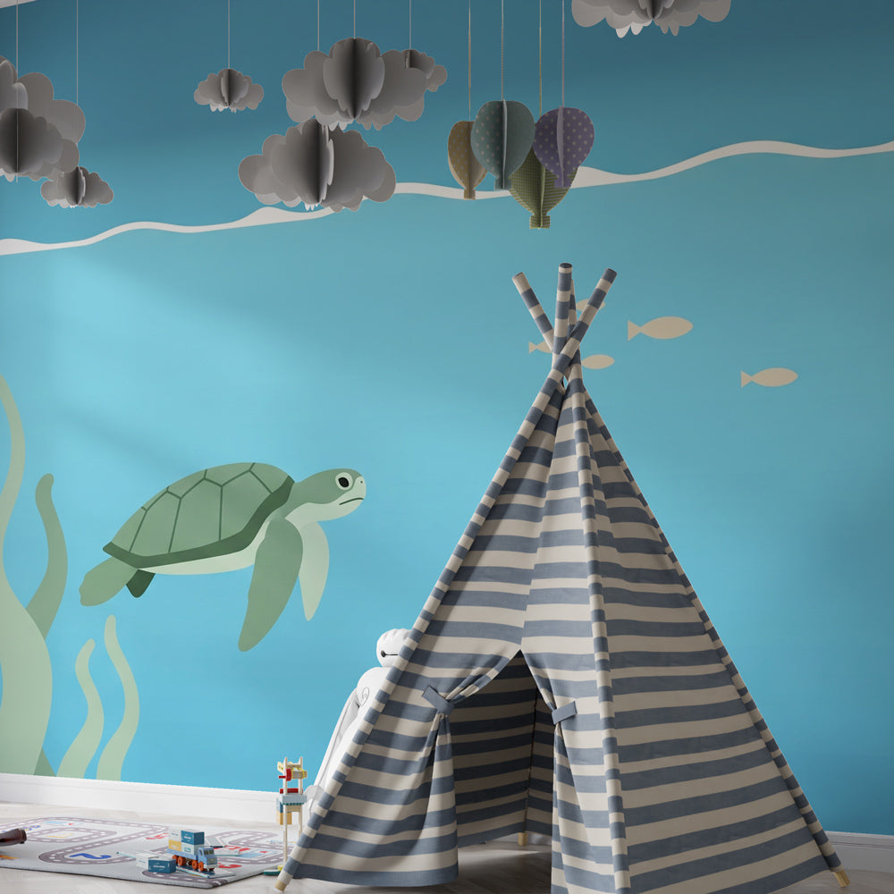 Underwater themed mural wallpaper featuring sea turtle for children's playroom by Kids-Mundo