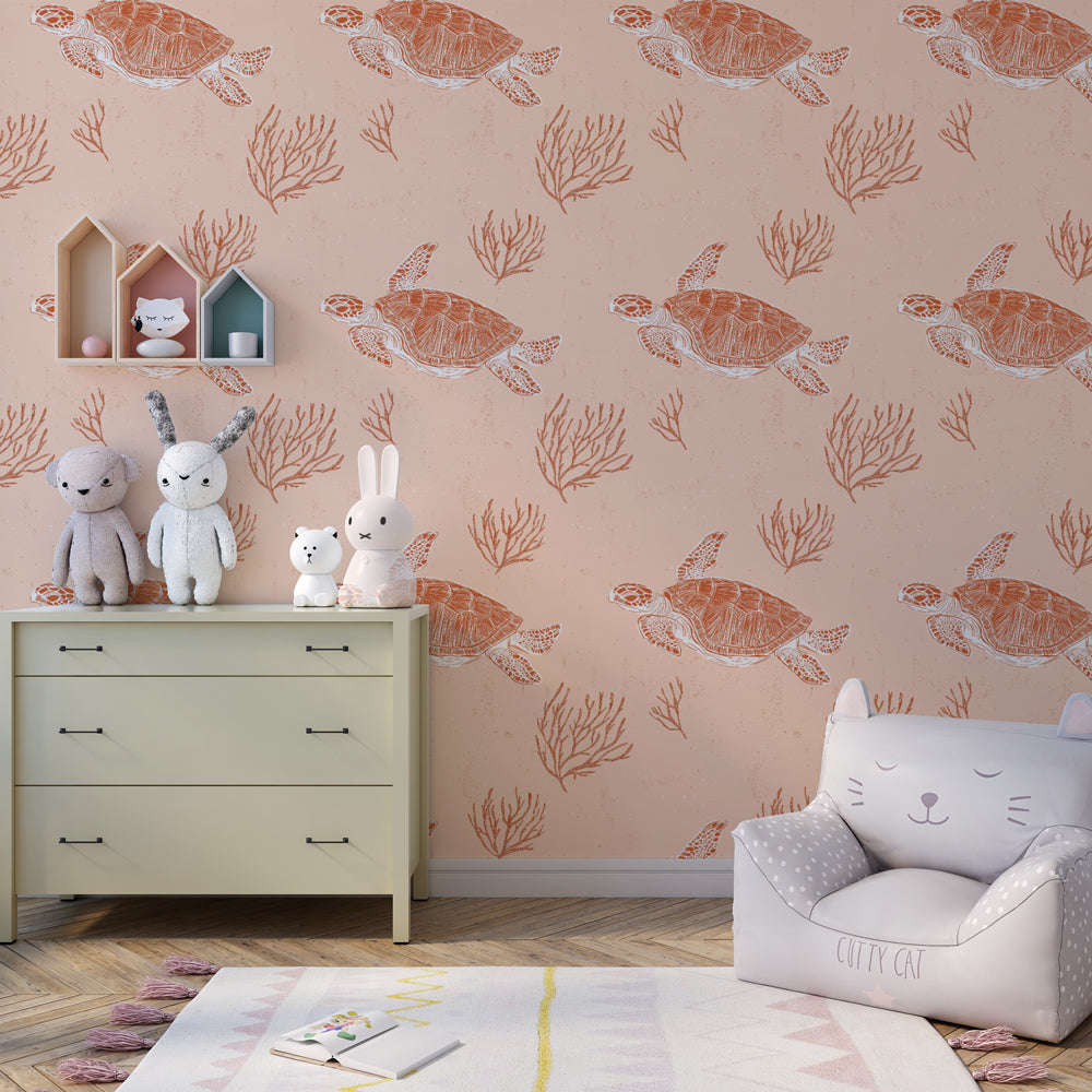 Marine life mural wallpaper with coral background transforming kids playroom space