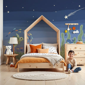 Sea turtle mural wallpaper creating magical underwater nursery with starlit ocean theme by Kids-Mundo