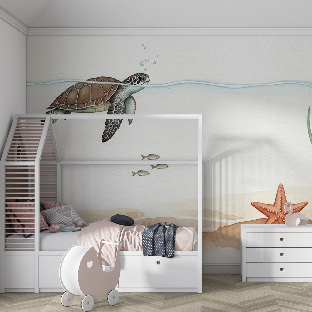 Kids-Mundo sea turtle wall mural bringing a gentle watercolour ocean scene to a kids bedroom.