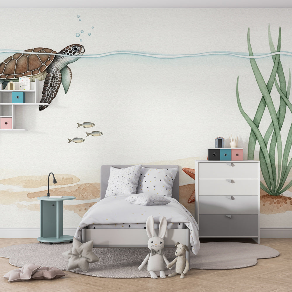Made-to-measure Kids-Mundo turtle wall mural adding a calm undersea scene to a playroom wall.