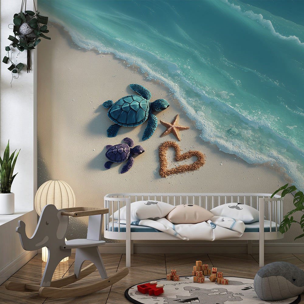 Kids-Mundo turtle beach wall mural above a bed in a child's sunny bedroom