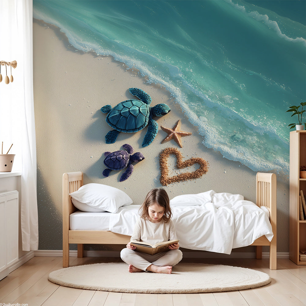 Kids-Mundo sea turtle beach wall mural in a bright coastal-style nursery