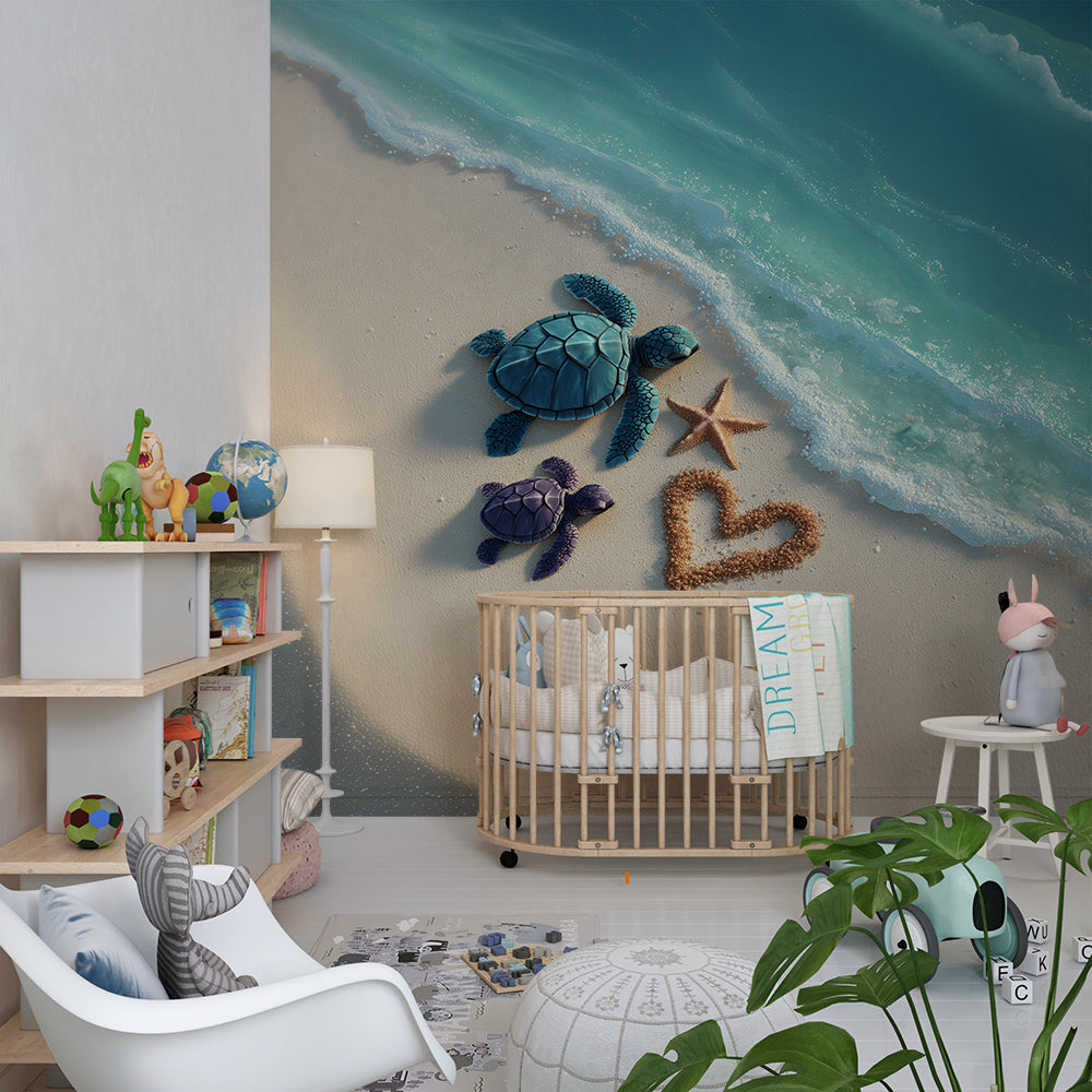 Kids-Mundo turtle and sandy beach wall mural in a fun children's playroom