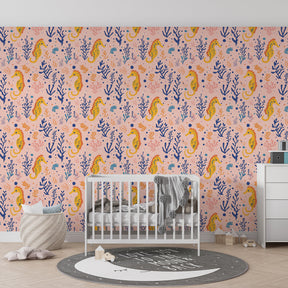 Pink coral reef wallpaper with seahorses decorating modern children's nursery room