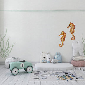 Marine themed seahorse wallpaper in modern baby bedroom setting by Kids-Mundo