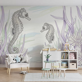 Ocean-themed seahorse wallpaper in modern kids bedroom setting with calming marine atmosphere