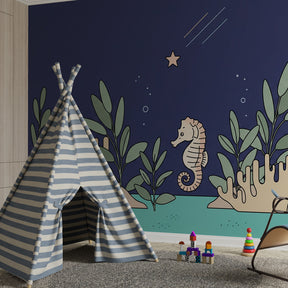Blue underwater mural wallpaper featuring seahorse among colorful corals for toddler room by Kids-Mundo