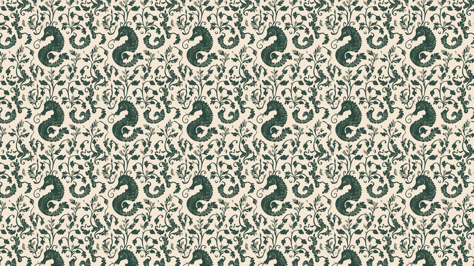 Detailed seahorse and botanical foliage mural wallpaper design pattern by Kids-Mundo