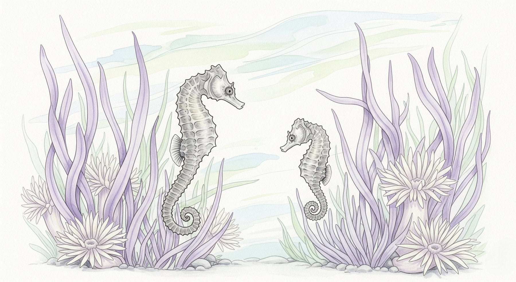 Detailed seahorse and ocean flora mural wallpaper design pattern by Kids-Mundo showing purple green tones