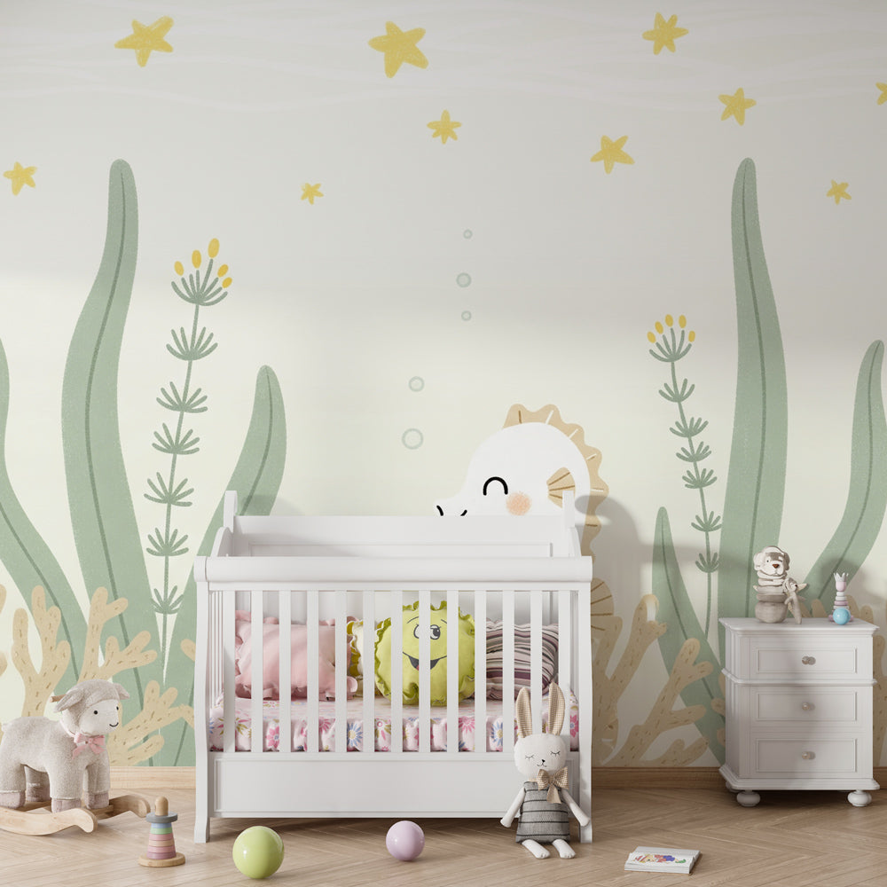 Happy seahorse ocean wallpaper transforming children's bedroom into underwater paradise