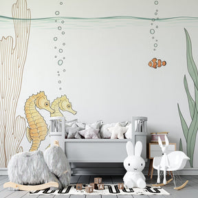 Underwater seahorse and clownfish mural wallpaper for serene children's bedroom